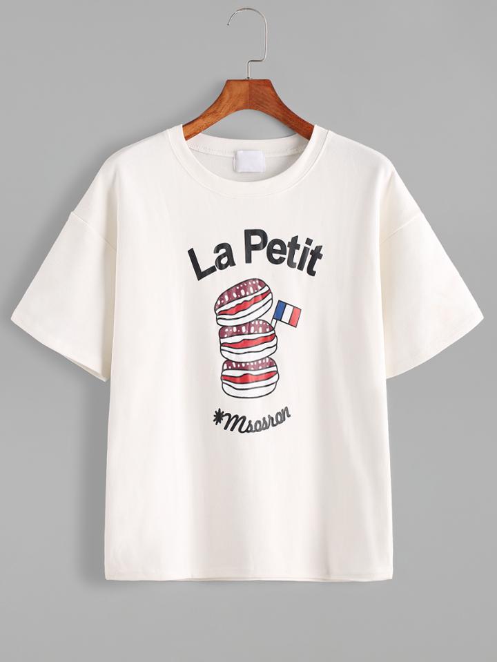 Shein Beige Letter Print Drop Shoulder T-shirt