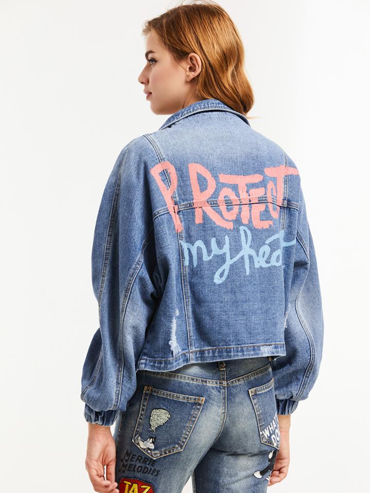Shein Blue Letter Print Batwing Sleeve Ripped Denim Jacket