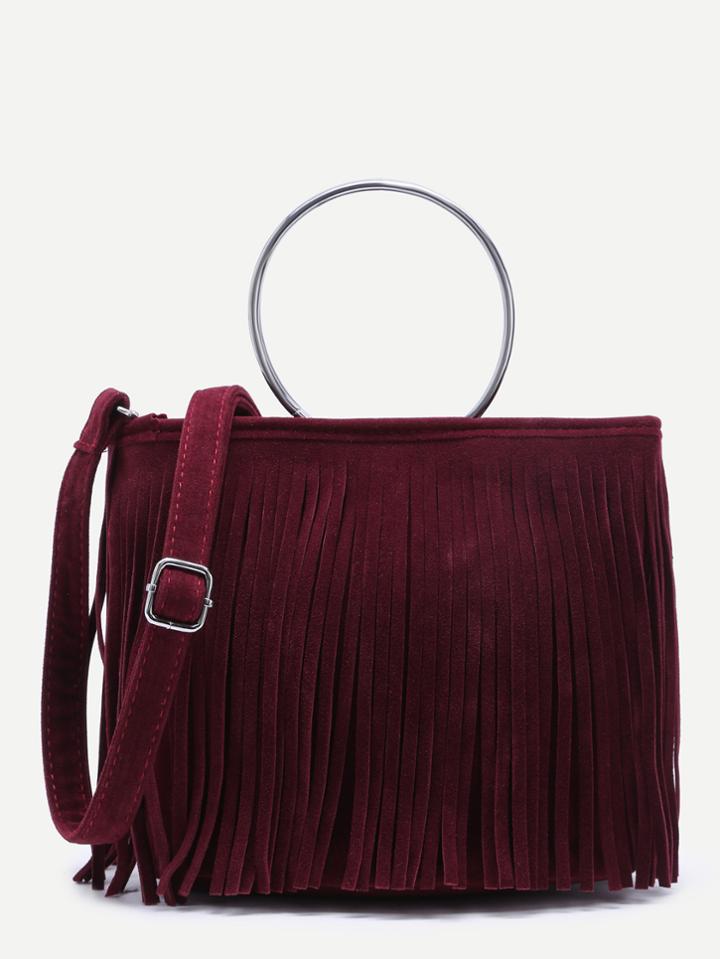 Shein Maroon Faux Suede Metal Ring Fringe Crossbody Bag