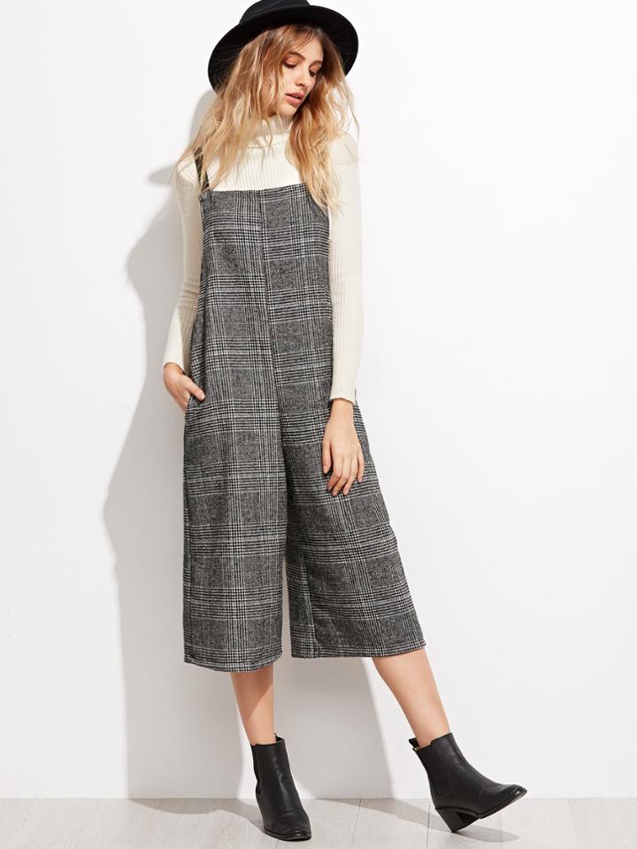 Shein Grey Glen Plaid Wide Leg Jumpsuit