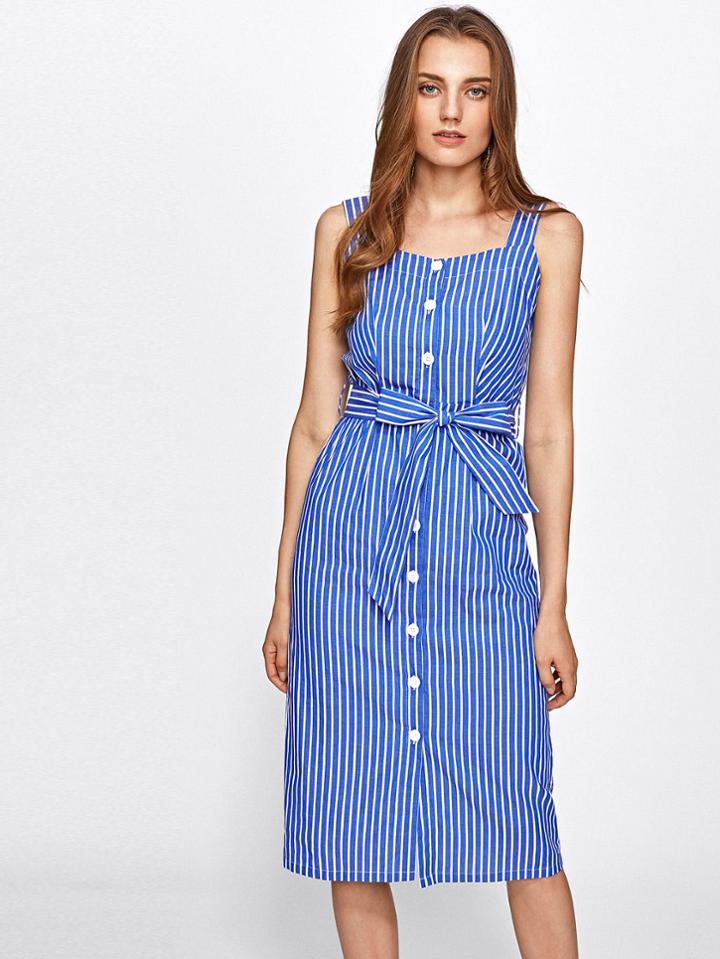 Shein Button Up Belted Pinstripe Pinafore Dress