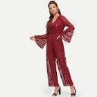Shein Striped Flounce Sleeve Sheer Jumpsuit