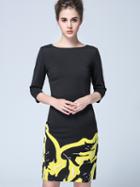 Shein Black Round Neck Backless Length Sleeve Embroidered Dress