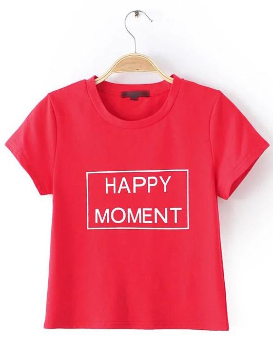 Shein Red Round Neck Letter Casual T-shirt