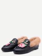 Shein Black Rose Embroidered Pu Fur Trim Loafer Shoes