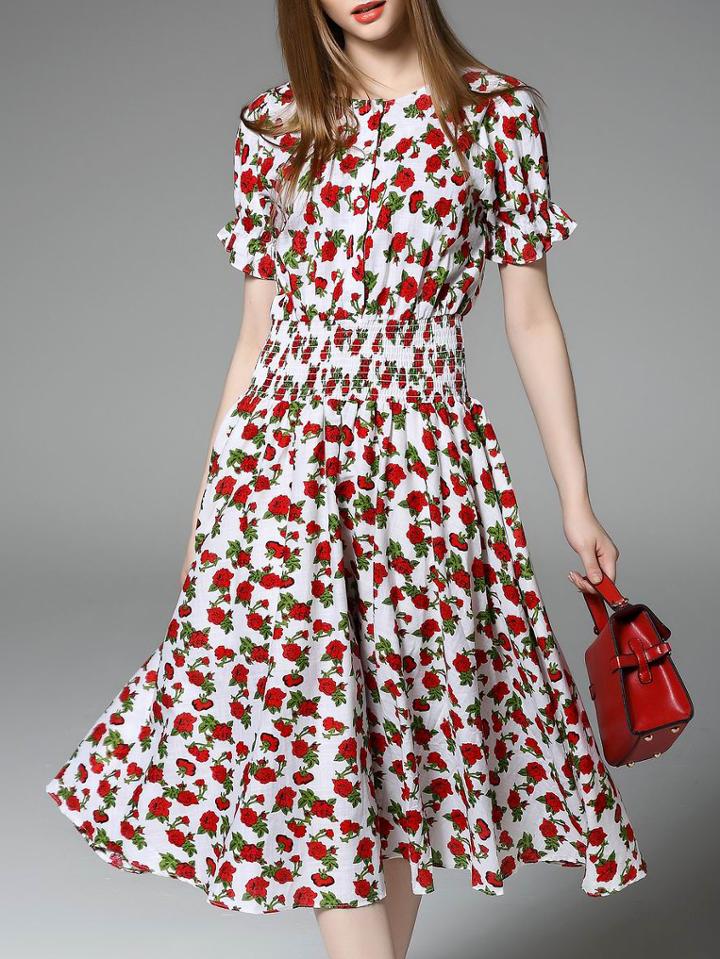 Shein White Elastic-waist Floral A-line Dress