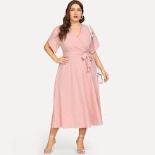 Shein Plus Wrap Waist Belted Petal Sleeve Dress