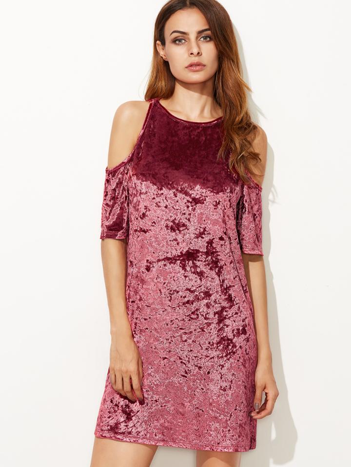 Shein Burgundy Cold Shoulder Keyhole Back Crushed Velvet Dress