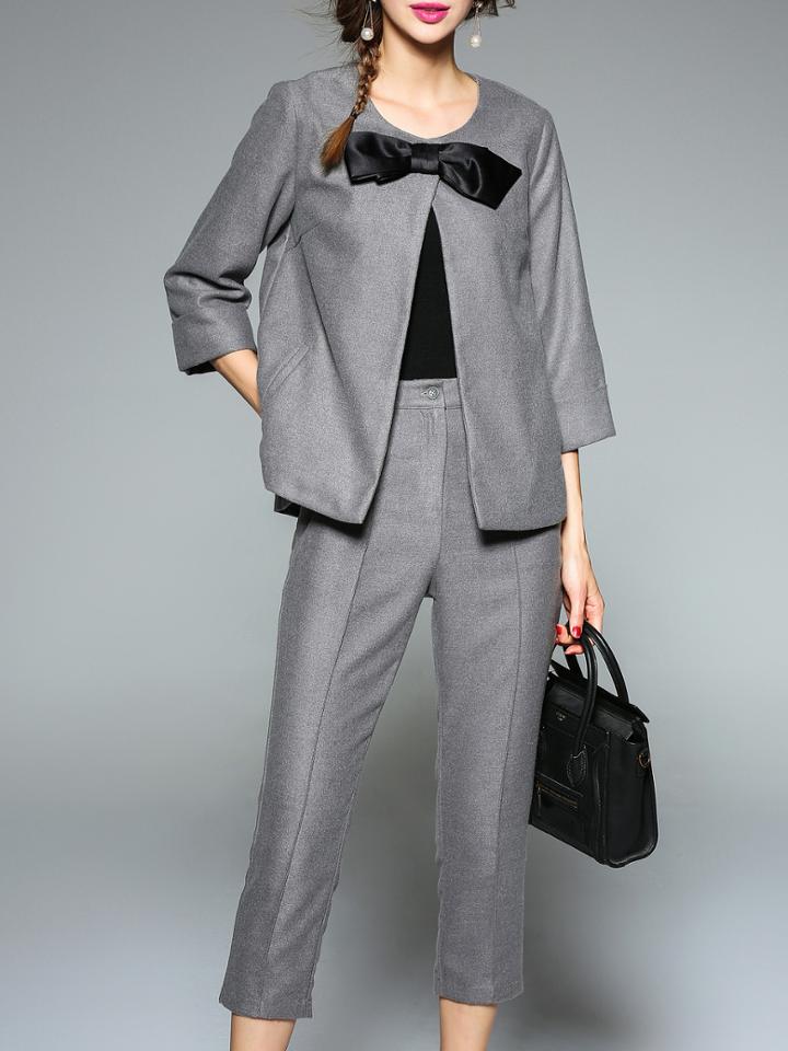 Shein Grey Bowknot Split Top With Pants