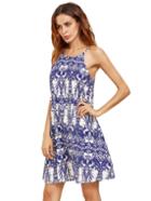 Shein Royal Blue Print In White Spaghetti Strap Shift Dress