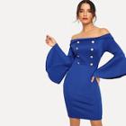 Shein Off Shoulder Button Front Flounce Sleeve Dress