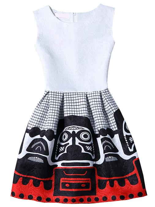 Shein White Sleeveless Print Jacquard A-line Dress