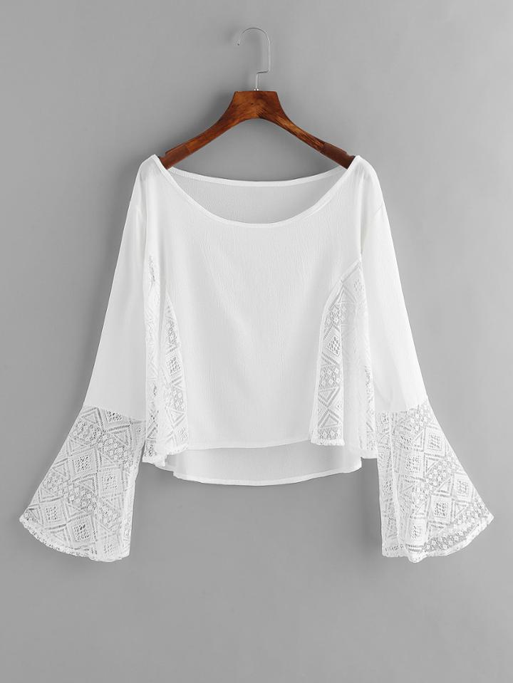 Shein Hollow Out Lace Panel Flute Sleeve Dip Hem Blouse