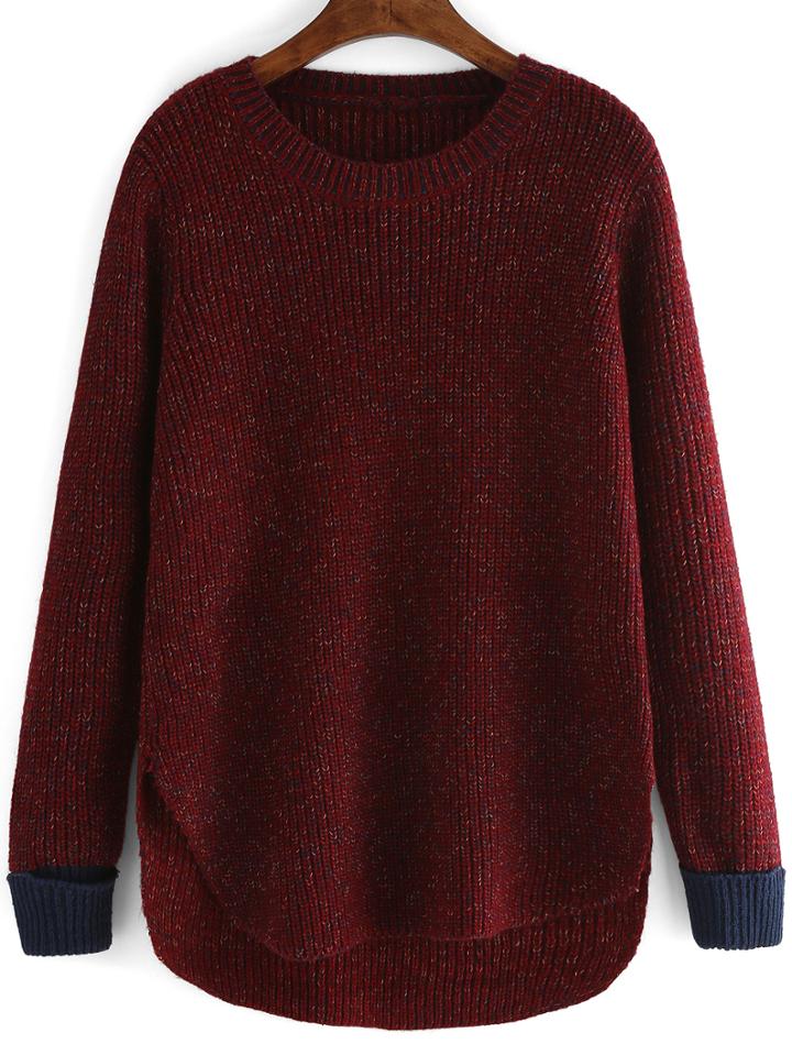 Shein Burgundy Round Neck Dip Hem Loose Sweater