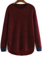 Shein Burgundy Round Neck Dip Hem Loose Sweater