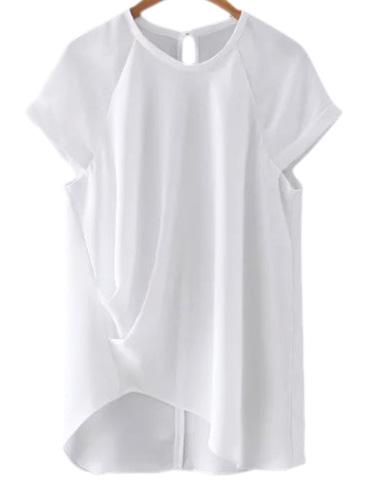 Shein White Short Sleeve Keyhole Back Side Draped Blouse