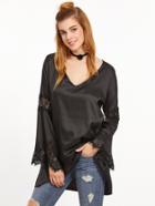 Shein Black V Neck Contrast Lace Cut Out Back Blouse