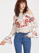 Shein White Flower Print Lace Insert Bell Sleeve Cold Shoulder Top