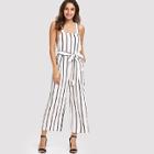 Shein Crisscross Back Wide Leg Self Belted Striped Jumpsuit