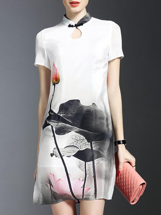 Shein White Collar Ink Print Shift Dress