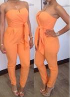 Rosewe Orange Ankle Length Bowknot Embellished Tube Jumpsuit