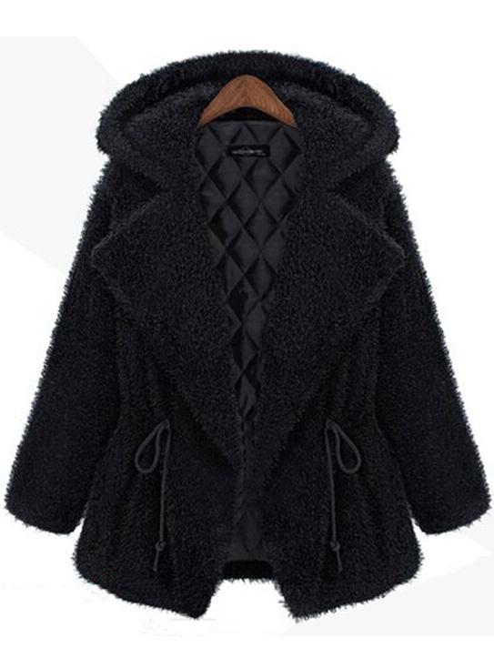 Shein Black Hooded Drawstring Thicken Coat