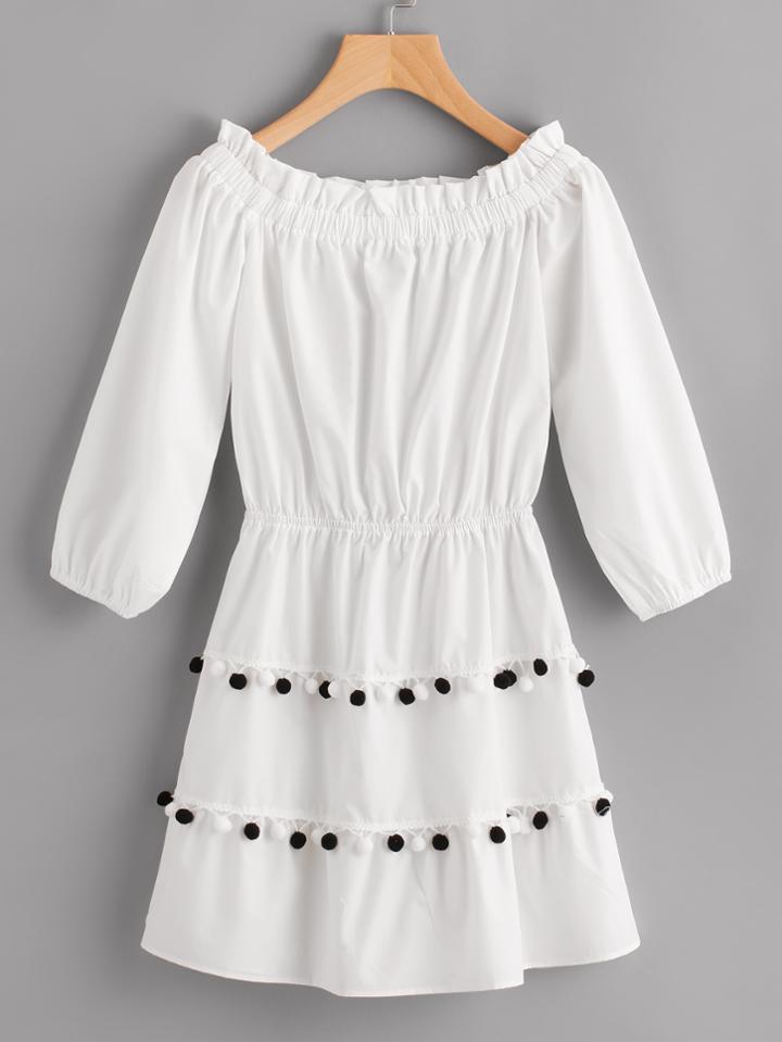 Shein Bardot Frill Trim Pom Pom Dress