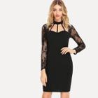 Shein Cut Out Neck Sheer Lace Sleeve Pencil Dress