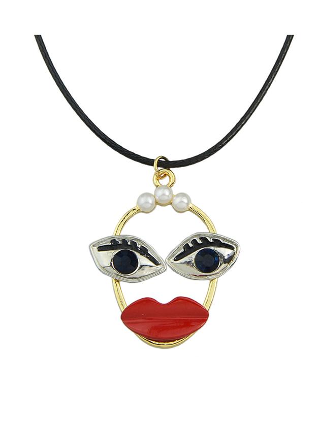 Shein Antique Gold Cute Enamel Eyes Mouth Shape Pendant Necklace