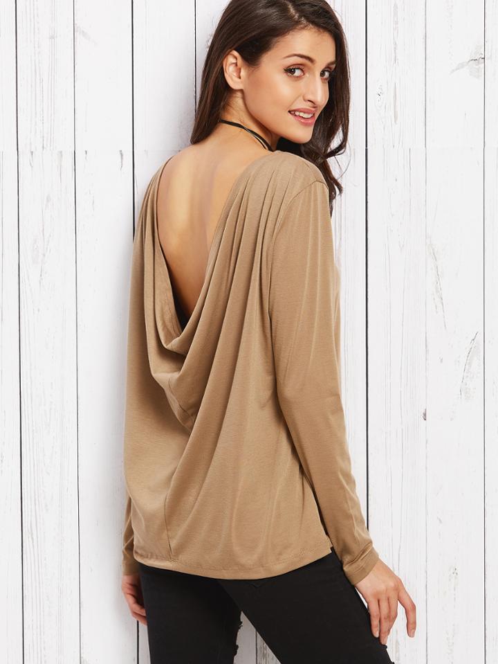 Shein Khaki Plain Cowl Back Long Sleeve T-shirt