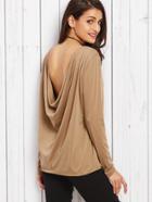 Shein Khaki Plain Cowl Back Long Sleeve T-shirt