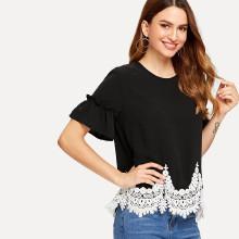 Shein Contrast Lace Hem Flounce Sleeve Blouse