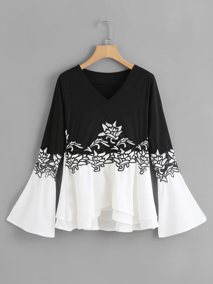 Shein Two Tone Embroidered Applique T-shirt