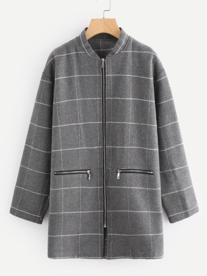 Shein Stand Collar Zip Up Grid Coat