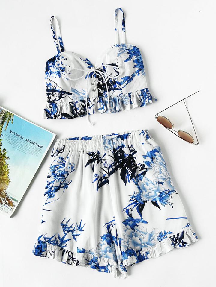 Shein Lace Up Shirred Back Frill Hem Cami Top With Shorts