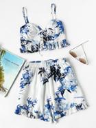 Shein Lace Up Shirred Back Frill Hem Cami Top With Shorts