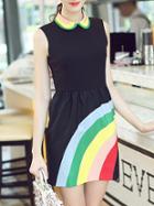 Shein Black Lapel Sleeveless Rainbow Print Dress
