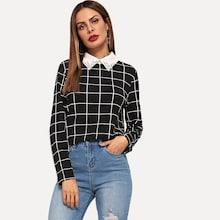 Shein Keyhole Back Pearl Beading Collar Grid Top