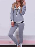 Shein Grey Casual V Neck Striped Top With Pant