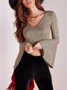 Shein Khaki V Neck Bell Sleeve Crop T-shirt