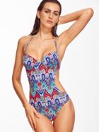 Shein Blue Paisley Print Halter Monokini