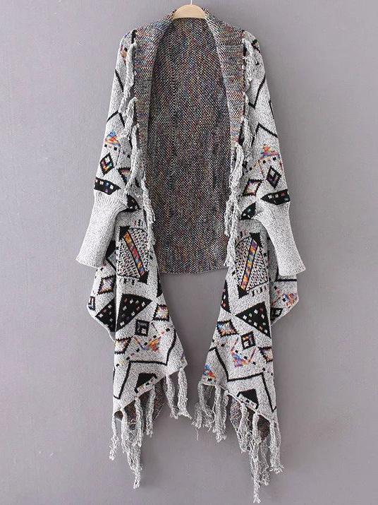 Shein Grey Geometric Print Fringe Poncho Sweater