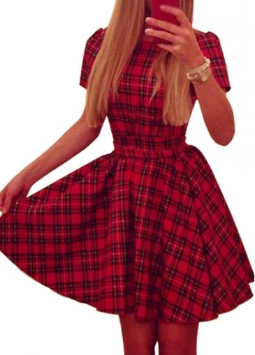 Rosewe Plaid Print Short Sleeve A Line Dress