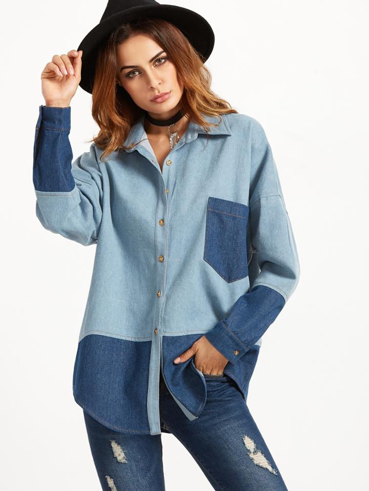 Shein Color Block Drop Shoulder Curved Hem Shirt Jacket