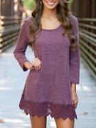 Shein Purple Round Neck Lace Hem Loose Dress