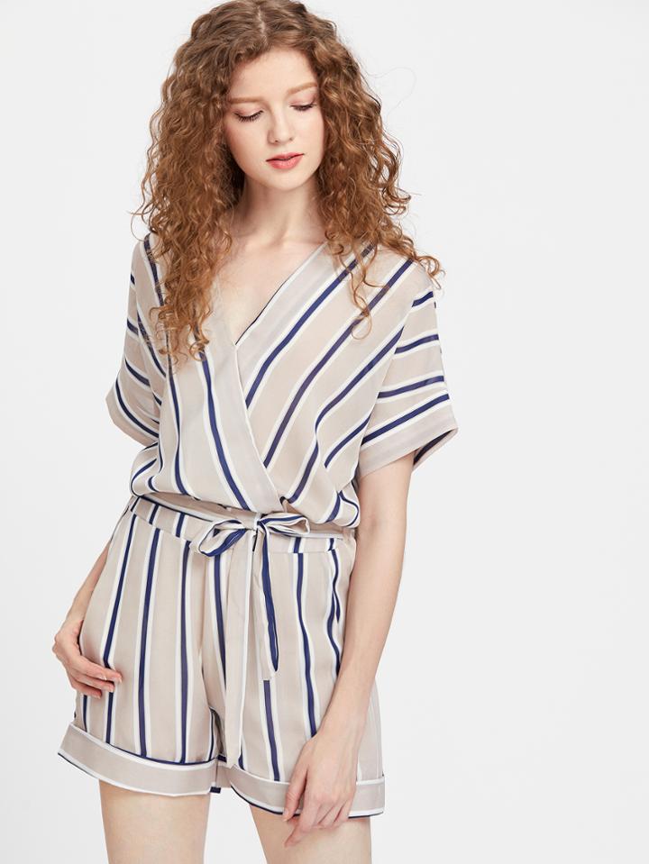 Shein Pinstripe V Neck Wrap Top With Drawstring Cuffed Shorts