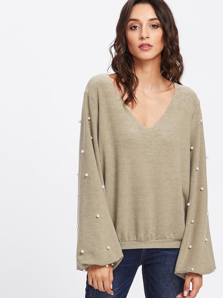 Shein Pearl Embellished Sleeve Pullover