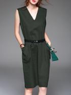Shein Army Green V Neck Belted Pockets Shift Dress