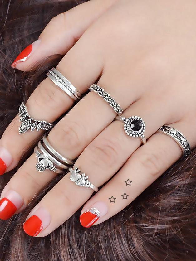 Shein 8 Pcs/set Boho Chic Heart Crown Elephant Finger Rings