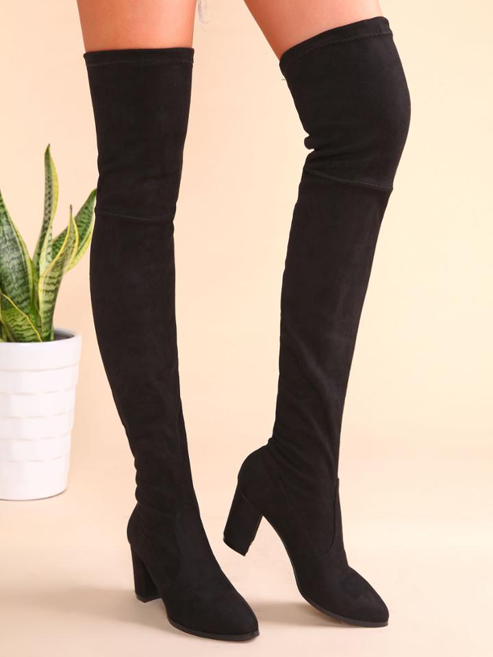 Shein Black Point Toe Thigh High Chunky Heel Suede Boots